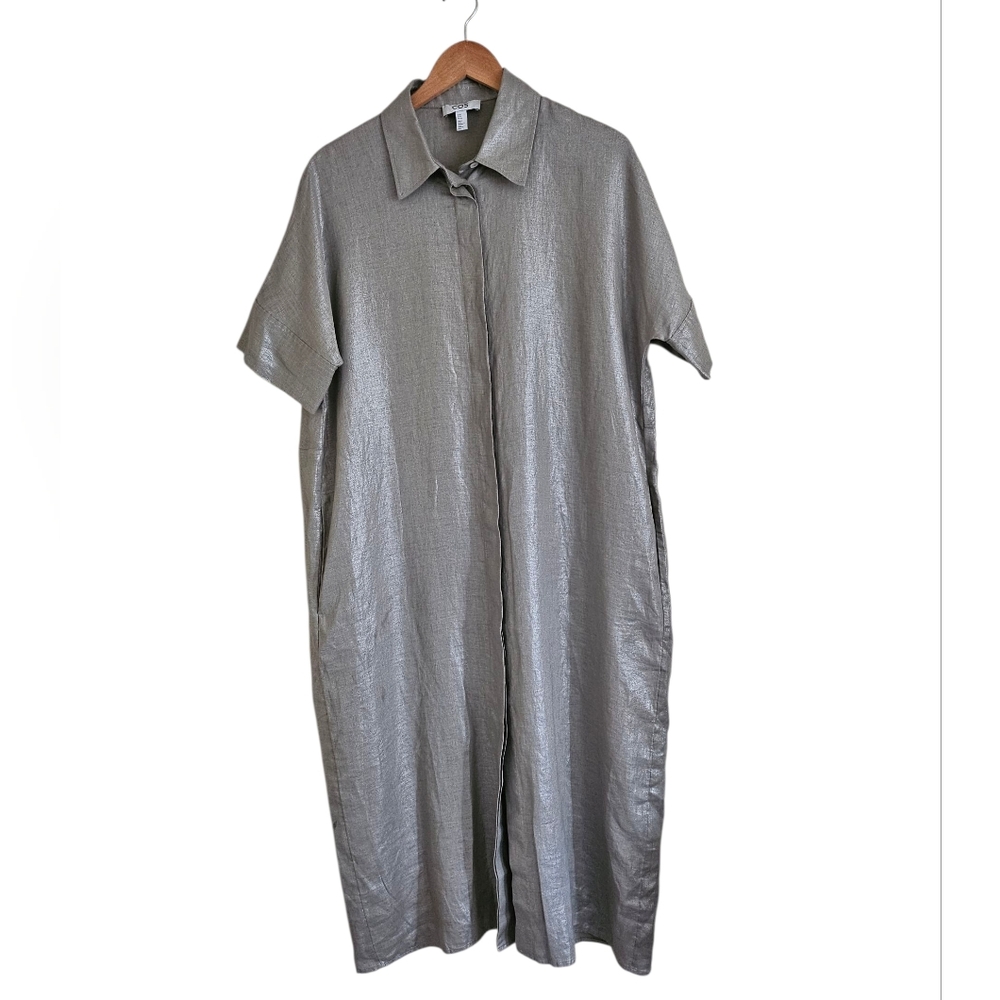 COS Metallic Linen Oversized Modern Minimalist Midi Shirt Dress, Beige Size XS